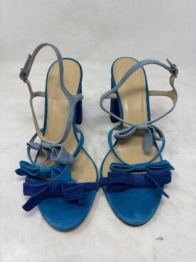 J. Crew Multi-Blue Suede Bow Ankle-Strap Block Heel Sandals
